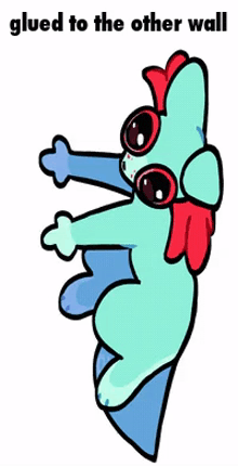 a cartoon drawing of a blue and red animal with the words glued to the other wall