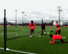 a group of people are playing soccer on a field with a net that says ' soccer net ' on it