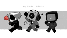 a black and white drawing of three robots with the words skibidi toilet written below them