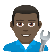 a man in a blue shirt holds a wrench