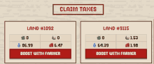 a screenshot of a game that says claim taxes and boost with farmer