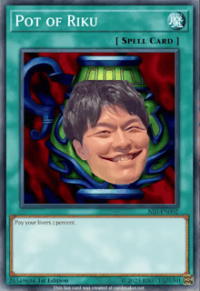 a card that says pot of riku with a picture of a man 's face on it