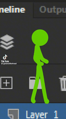 a green stick figure is standing in front of a screen that says output