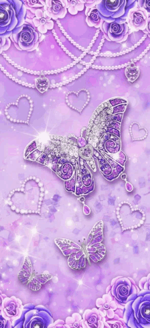 a purple background with butterflies , roses , pearls and hearts