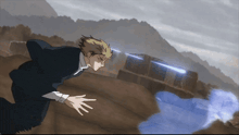a man in a suit and tie is reaching out towards a blue object