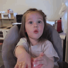 a little girl is sitting in a high chair and making a surprised face