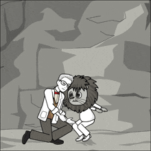 a black and white cartoon of a man kneeling down next to a lion