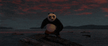 a panda bear is flying through the air with two masks coming out of his mouth