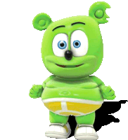 a green gummy bear with blue eyes and a yellow underwear