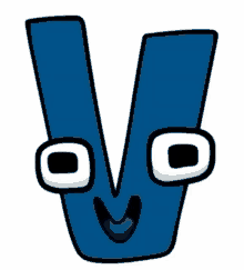 a blue letter v with googly eyes and a smile