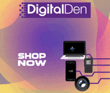 an advertisement for digital den shows a laptop phone walkie talkie and camera