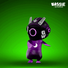 a purple cartoon character with the word wassie on the bottom