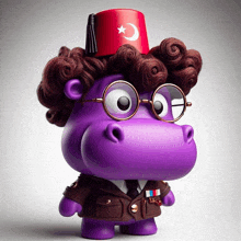 a purple hippo wearing glasses and a red hat with a crescent moon and star on it