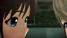 two anime girls are looking at each other and one has a blue eye