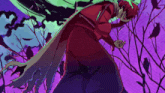a man in a red cape is standing in a forest with birds