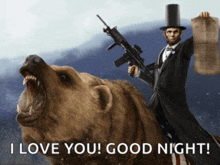 abraham lincoln is riding on the back of a bear while holding a newspaper