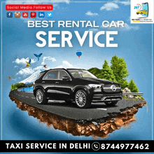 an advertisement for taxi service in delhi with a mercedes on the road