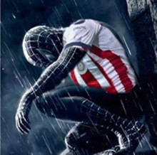 a spiderman in a red and white striped shirt is kneeling in the rain