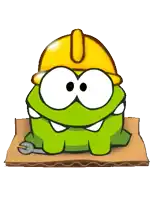a green cartoon character wearing a yellow hard hat holds a wrench