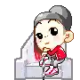 a pixel art of a boy sitting on a chair with the word wow written above him .