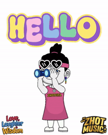a cartoon girl wearing heart shaped sunglasses is standing in front of a sign that says hello