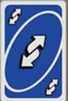 a blue uno card with two arrows pointing in opposite directions .