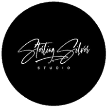 sterling silver studio logo in a black circle on a white background