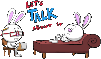 a cartoon of two rabbits talking to each other with the words let 's talk about it