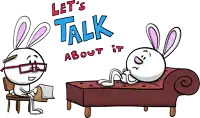 a cartoon of two rabbits talking to each other with the words let 's talk about it