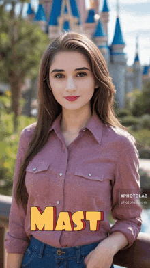 a woman wearing a purple shirt with the word mast on the front