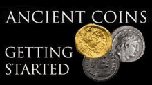 three ancient coins on a black background with the words `` ancient coins getting started '' written above them .