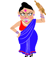 a woman in a blue saree is holding a rolling pin in her hand