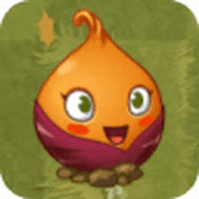 a cartoon onion with big eyes and a smile on its face is sitting on the ground .