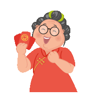 a cartoon illustration of an old woman holding a red envelope with a chef 's hat on it