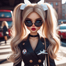 a doll wearing sunglasses has a pin on her jacket that says ' i love you '