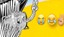 a cartoon character giving a peace sign next to a crying face