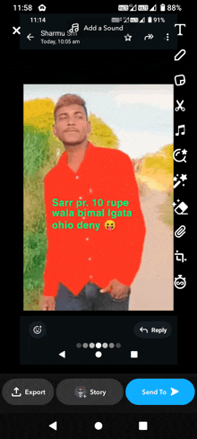 a phone screen shows a picture of a man in a red shirt with a caption that says sarr