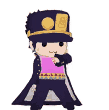 a cartoon of jotaro kujo from jojo 's bizarre adventure is wearing a black hat and a pink shirt .