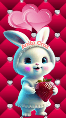 a white bunny holding a strawberry with the name anita cruz on it