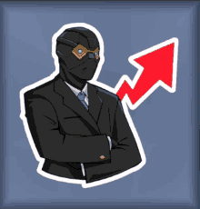 a cartoon of a man in a suit and tie with a red arrow pointing up