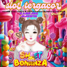 a poster for sweet bonanza shows a girl with a lollipop in her hand