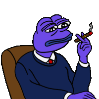 a purple frog is smoking a cigar and wearing a blue shirt and tie