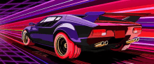 a purple sports car is driving down a neon road