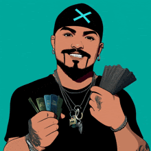 a man wearing a black hat with an x on it is holding money