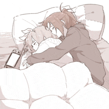 a couple of anime characters laying on a bed with a nintendo switch