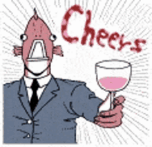 a cartoon of a fish in a suit holding a glass of wine .