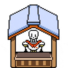 a pixel art drawing of a skeleton in a house