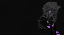 a black anime character with purple eyes and a hoodie