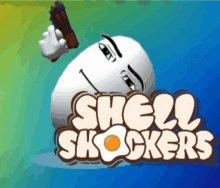 a cartoon character holding a gun with the words shell shockers below him