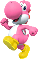 a pink and white cartoon character with yellow feet